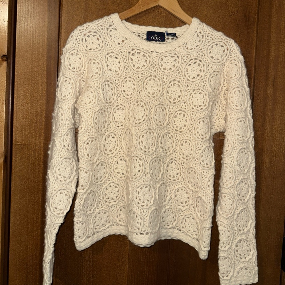 OBR Ethereal Cottage Crochet Knit Sweater in Ivory Cream Medium Vintage Wool